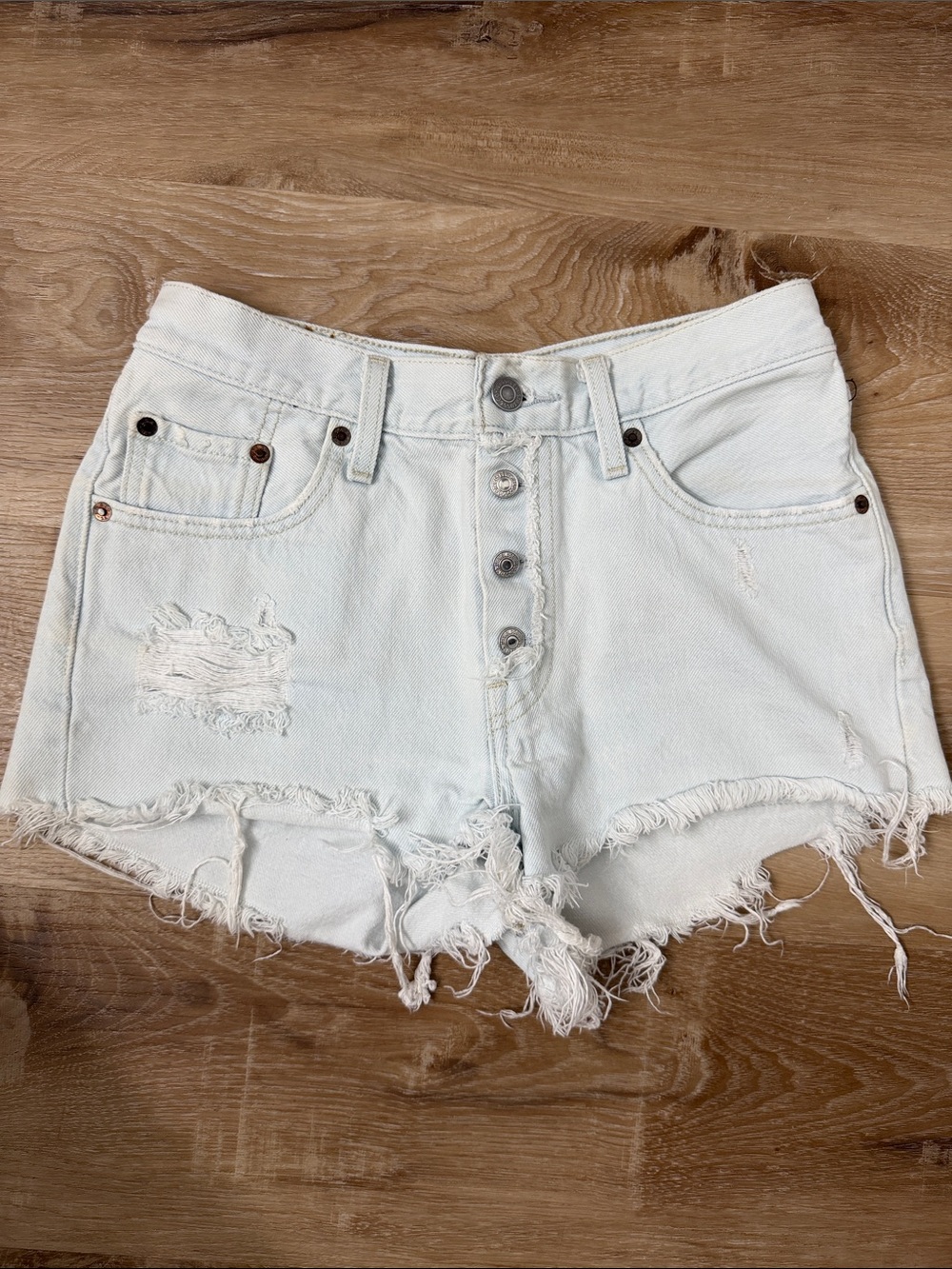 Levi's Light Blue Distressed Button-Front Jean Shorts